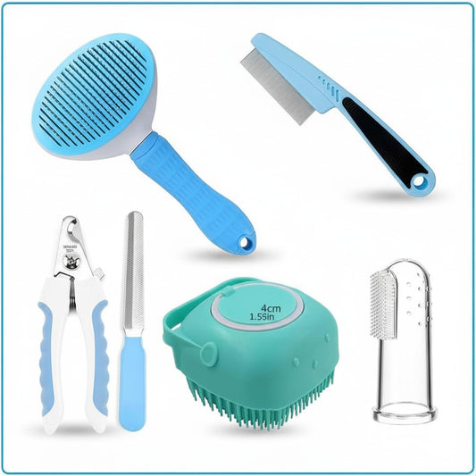 7-in-1 Pet Grooming Kit – Self-Cleaning Brush, Nail Clipper, Flea Comb, Bath & Dental Care Tools
